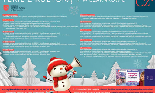 Treść plakatu na tle grafiki z zimowym pejzażem i bałwanem mówiącym do megafonu