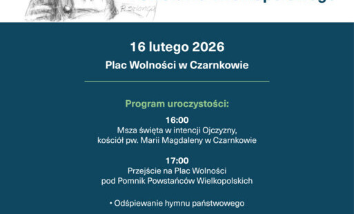 Treść plakatu z grafiką powstańca w planie średnim oraz flagą Powstania Wielkopolskiego