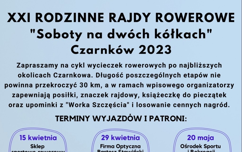 Zdjęcie do Rodzinne Rajdy Rowerowe "Soboty na dw&oacute;ch k&oacute;łkach" 2023 - zapowiedź