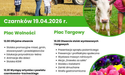 Treść plakatu ze zdjęciami kwiatów, dziewczynki z cieliczką i mężczyzny stojącego z dziećmi przy ciągniku rolniczym