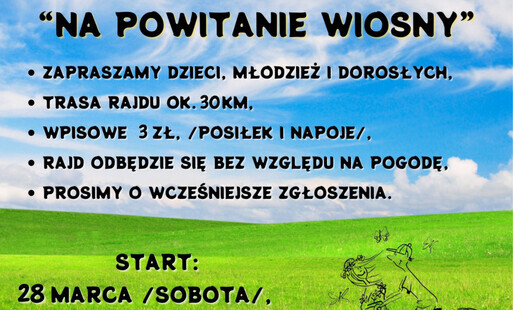 Treść plakatu z grafiką mężczyzny wiozący kobietę na ramie roweru po wiosennej łące