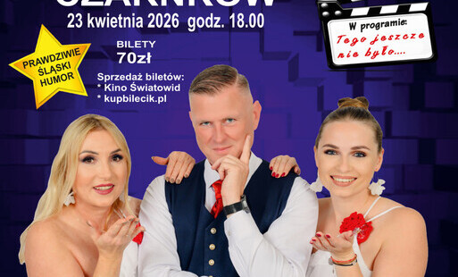 Treść plakatu ze zdjęciem w planie średnim mężczyzny stojącego pomiędzy dwiema kobietami