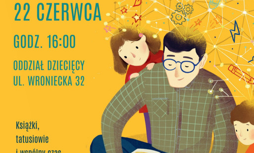 Treść plakatu z grafiką mężczyzny czytającego dwojgu dzieci