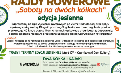 Treść plakatu opatrzona zdjęciem jadącej na rowerach czteroosobowej rodziny na tle porośniętych drzewami wzgórz
