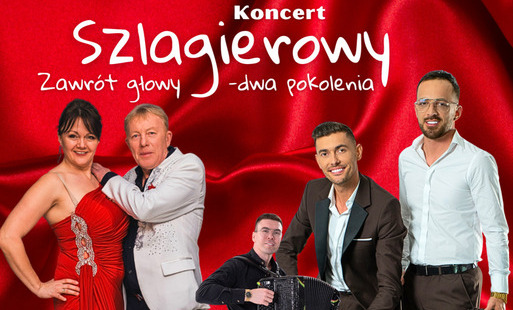 Treść plakatu z fotografią kobiety i czterech mężczyzn, z których jeden trzyma w rękach akordeon